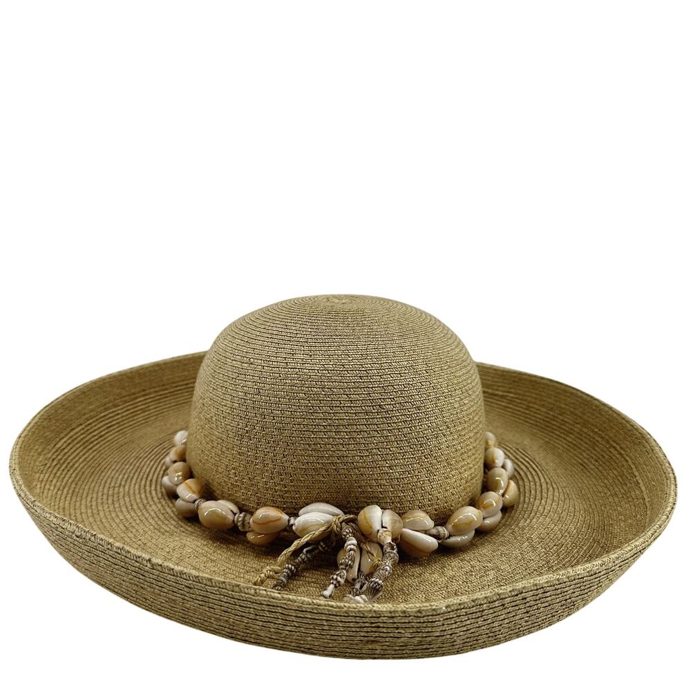Scala Puka Shell Raffia Straw Sun Hat Summer Beach Outdoor Travel Brown Tan